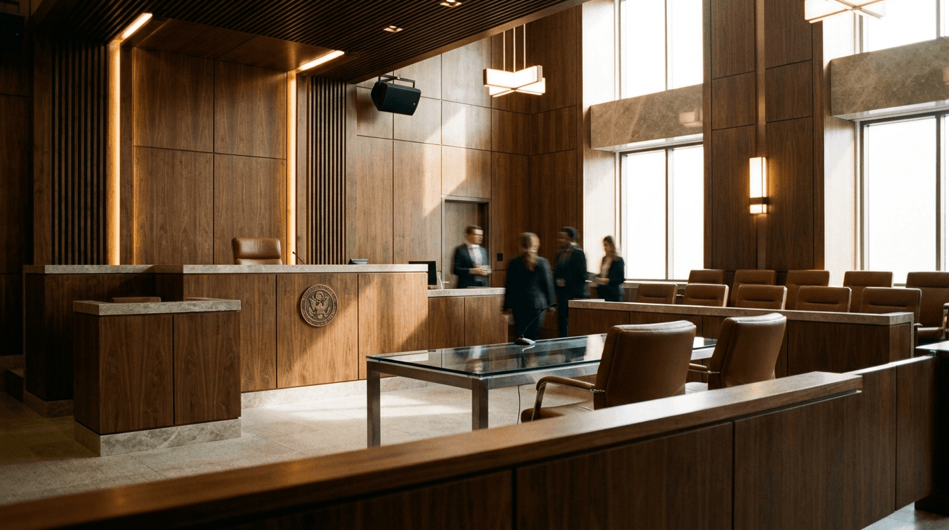 Cinematic wide shot of a modern courtroom